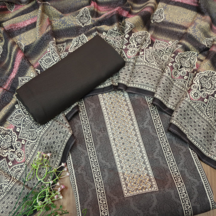फरीदा Charcoal Black Panel Style Printed with Swarovski Semi Pashmina Winter Set