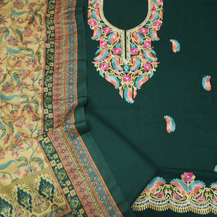 प्रतीक्षा Sacramento Green Colorful Kashida Embroidery Work Semi Pashmina Winter Set
