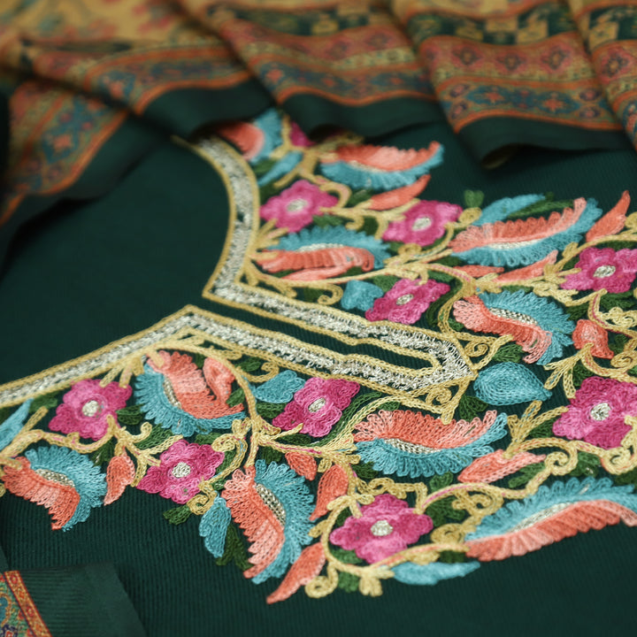 प्रतीक्षा Sacramento Green Colorful Kashida Embroidery Work Semi Pashmina Winter Set