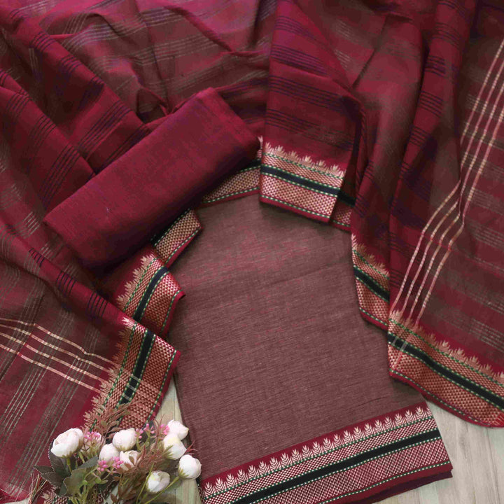 Sanskruti Dark Khaki Pink with Maroon Dupatta South Cotton Temple Hem Suit Set