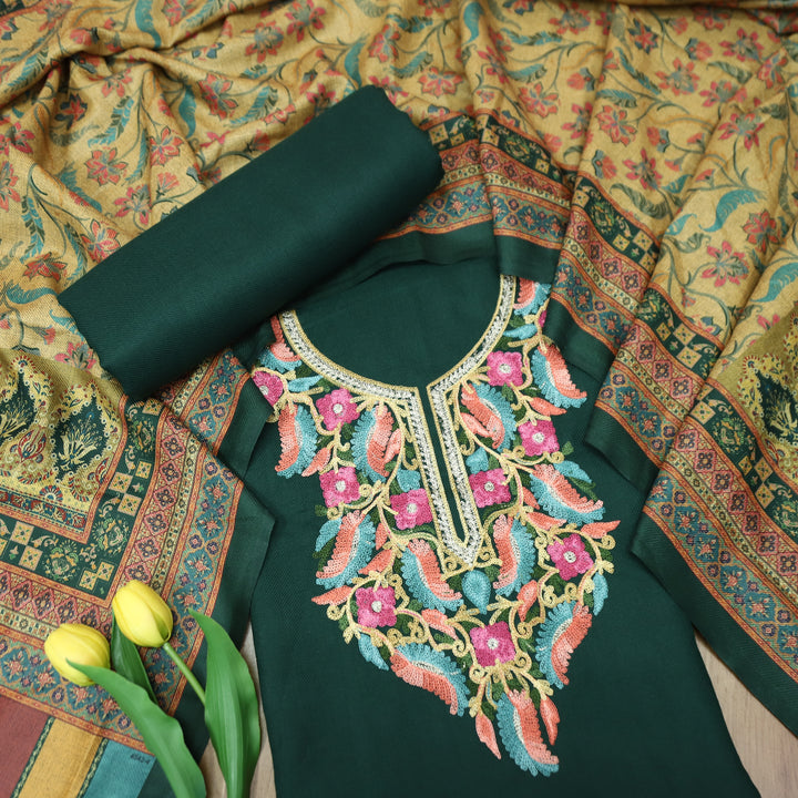 प्रतीक्षा Sacramento Green Colorful Kashida Embroidery Work Semi Pashmina Winter Set