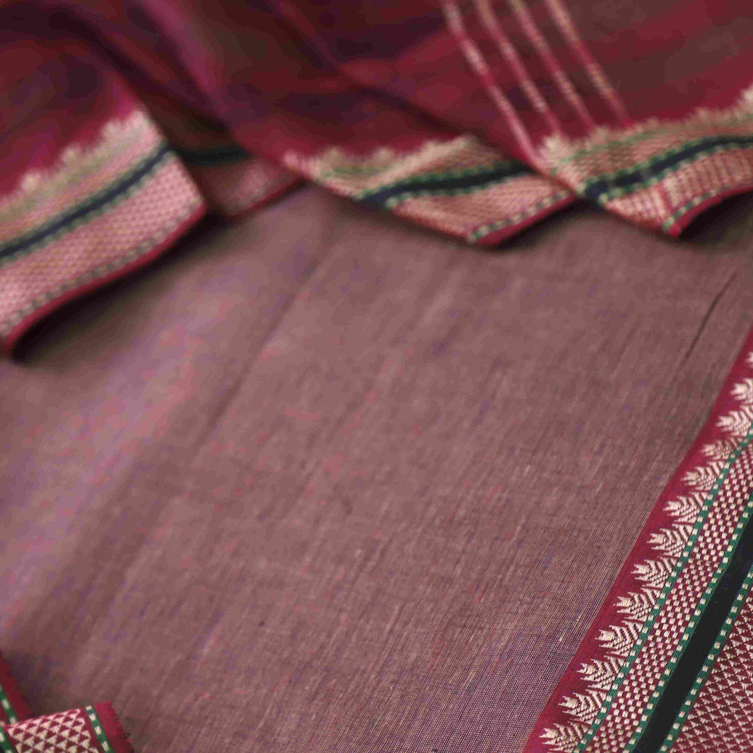 Sanskruti Dark Khaki Pink with Maroon Dupatta South Cotton Temple Hem Suit Set