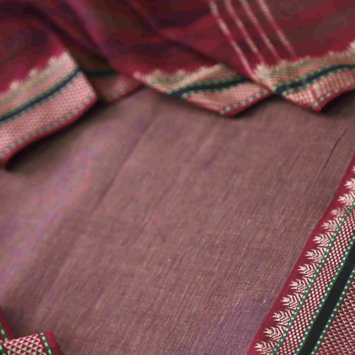Sanskruti Dark Khaki Pink with Maroon Dupatta South Cotton Temple Hem Suit Set