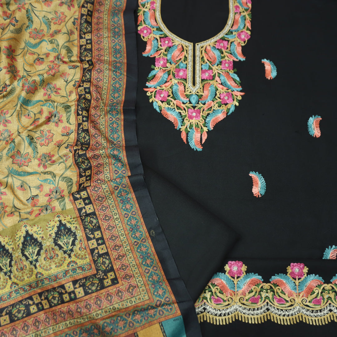प्रतीक्षा Oil Black  Colorful Kashida Embroidery Work Semi Pashmina Winter Set