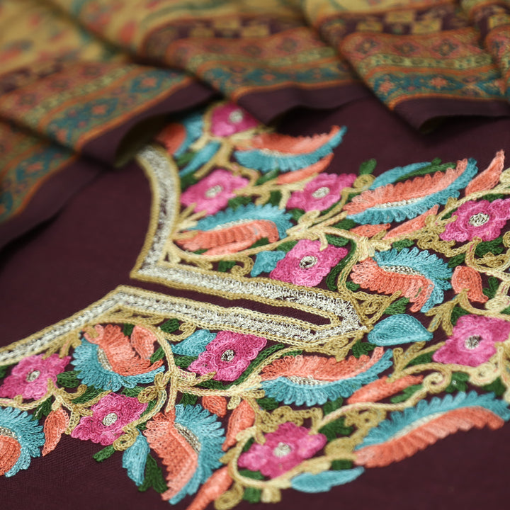 प्रतीक्षा Mahogany Wine Colorful Kashida Embroidery Work Semi Pashmina Winter Set