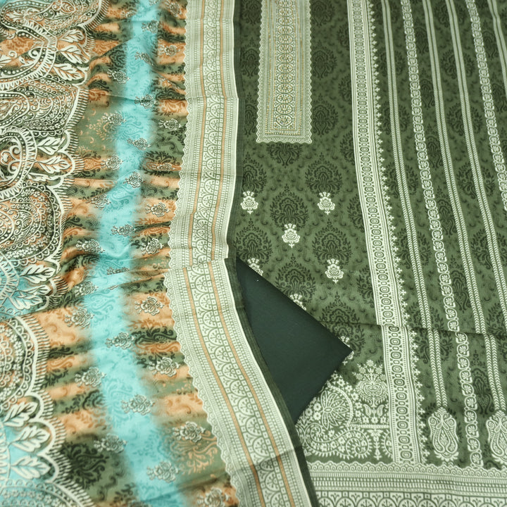 फरीदा Grass Green Panel Style Printed with Swarovski Semi Pashmina Winter Set