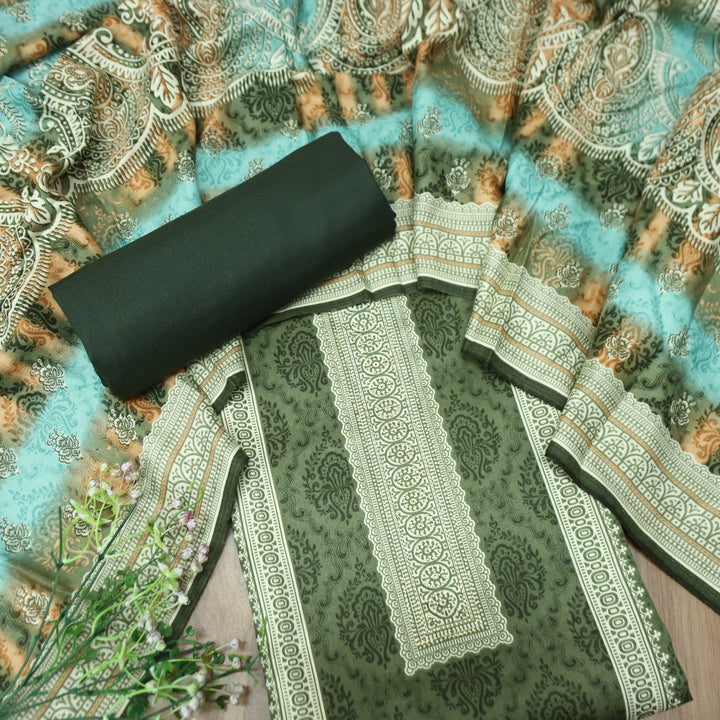 फरीदा Grass Green Panel Style Printed with Swarovski Semi Pashmina Winter Set