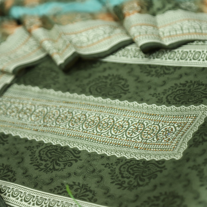 फरीदा Grass Green Panel Style Printed with Swarovski Semi Pashmina Winter Set