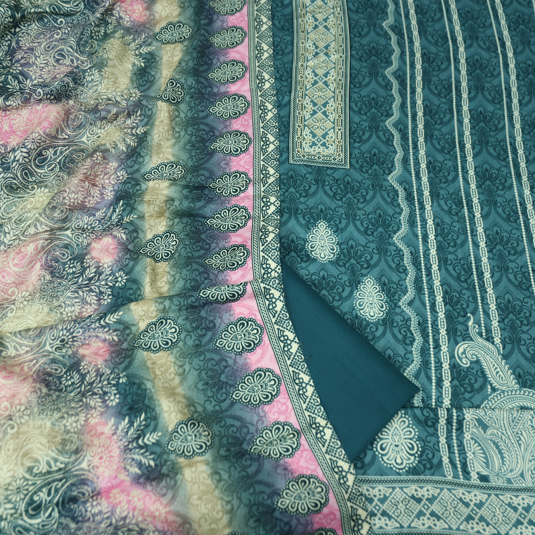 फरीदा Ocean Teal Panel Style Printed with Swarovski Semi Pashmina Winter Set