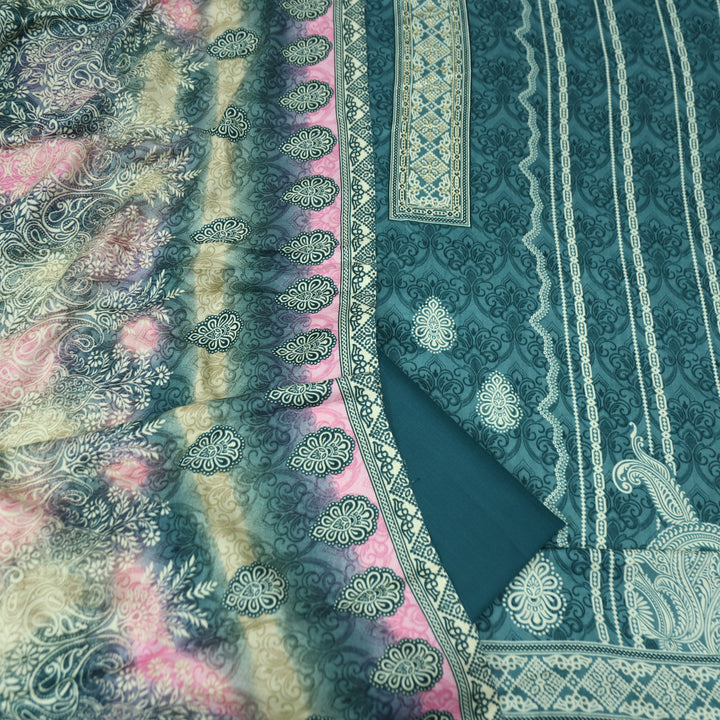फरीदा Ocean Teal Panel Style Printed with Swarovski Semi Pashmina Winter Set