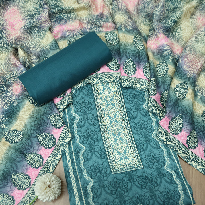 फरीदा Ocean Teal Panel Style Printed with Swarovski Semi Pashmina Winter Set