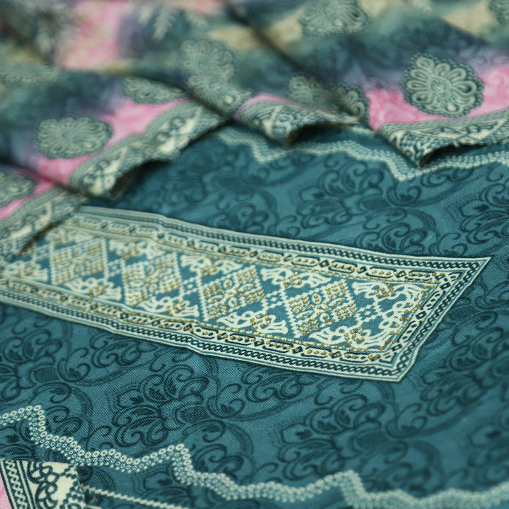 फरीदा Ocean Teal Panel Style Printed with Swarovski Semi Pashmina Winter Set