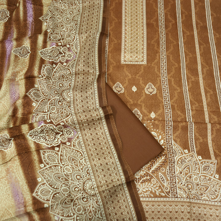 फरीदा Caramel Brown Panel Style Printed with Swarovski Semi Pashmina Winter Set