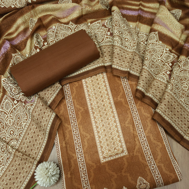 फरीदा Caramel Brown Panel Style Printed with Swarovski Semi Pashmina Winter Set