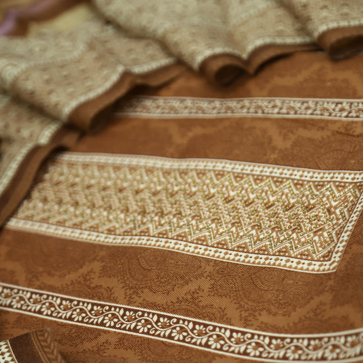 फरीदा Caramel Brown Panel Style Printed with Swarovski Semi Pashmina Winter Set