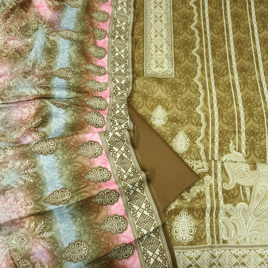 फरीदा Olive Green Panel Style Printed with Swarovski Semi Pashmina Winter Set