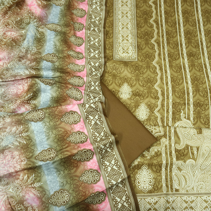 फरीदा Olive Green Panel Style Printed with Swarovski Semi Pashmina Winter Set