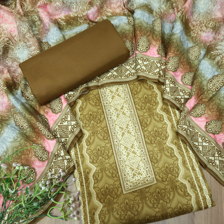 फरीदा Olive Green Panel Style Printed with Swarovski Semi Pashmina Winter Set