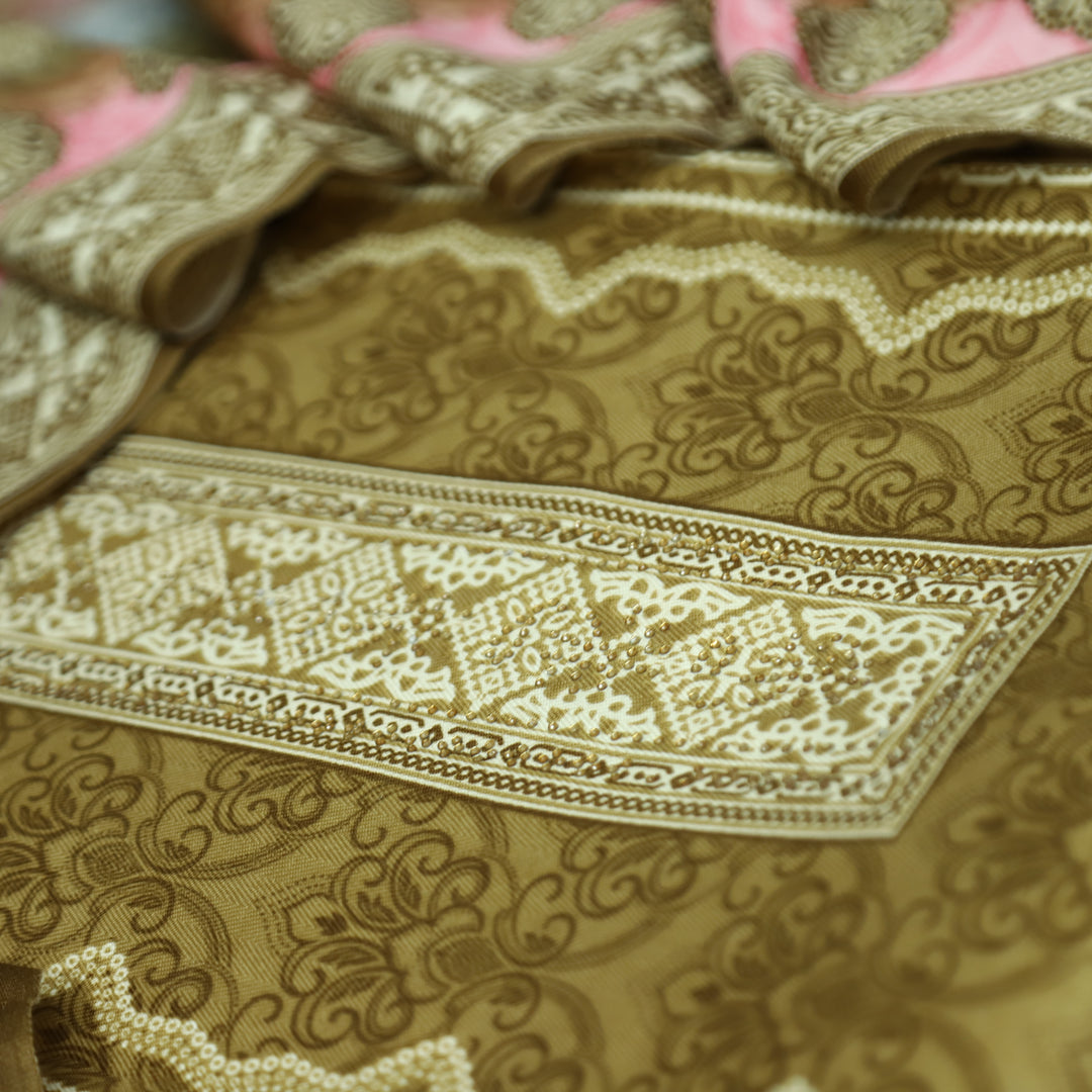 फरीदा Olive Green Panel Style Printed with Swarovski Semi Pashmina Winter Set