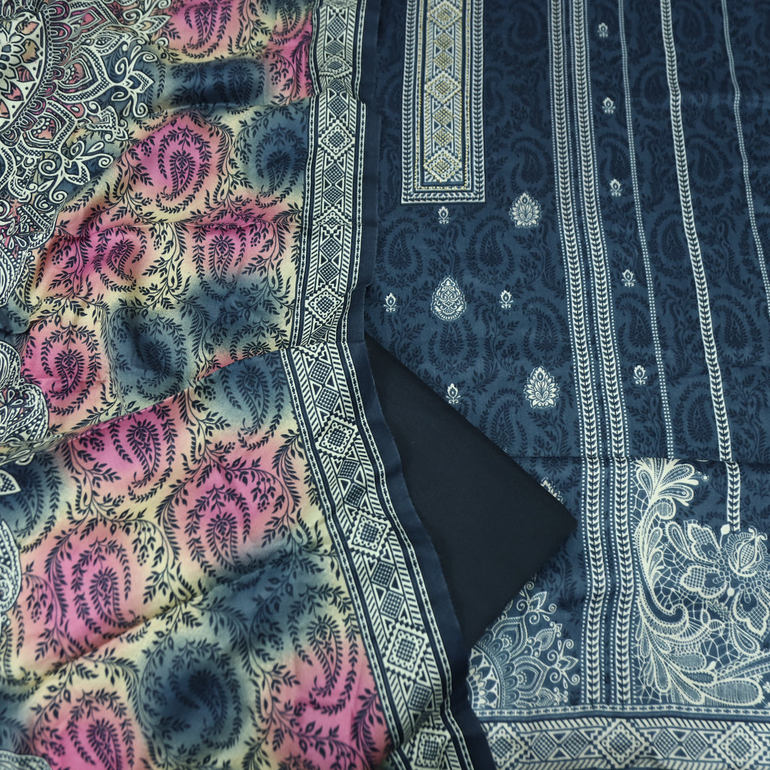 फरीदा Navy Dark Blue Panel Style Printed with Swarovski Semi Pashmina Winter Set