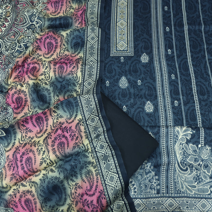 फरीदा Navy Dark Blue Panel Style Printed with Swarovski Semi Pashmina Winter Set