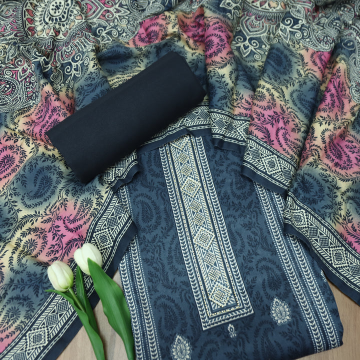 फरीदा Navy Dark Blue Panel Style Printed with Swarovski Semi Pashmina Winter Set