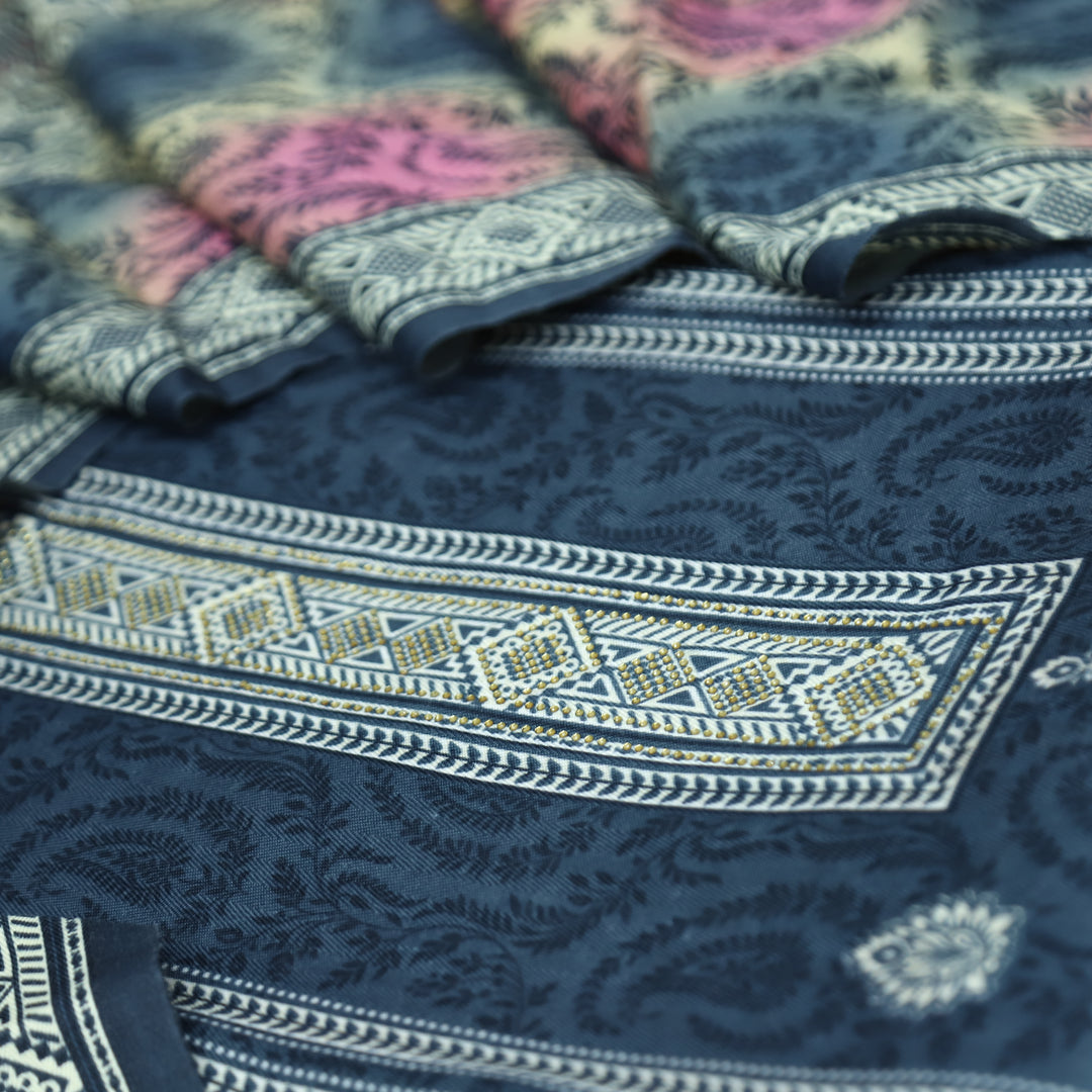 फरीदा Navy Dark Blue Panel Style Printed with Swarovski Semi Pashmina Winter Set