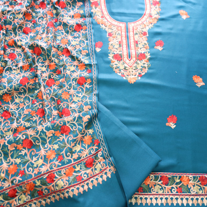 रोशनी Cerulean Teal Woven with Kashida Embroidery Semi Pashmina Winter Set
