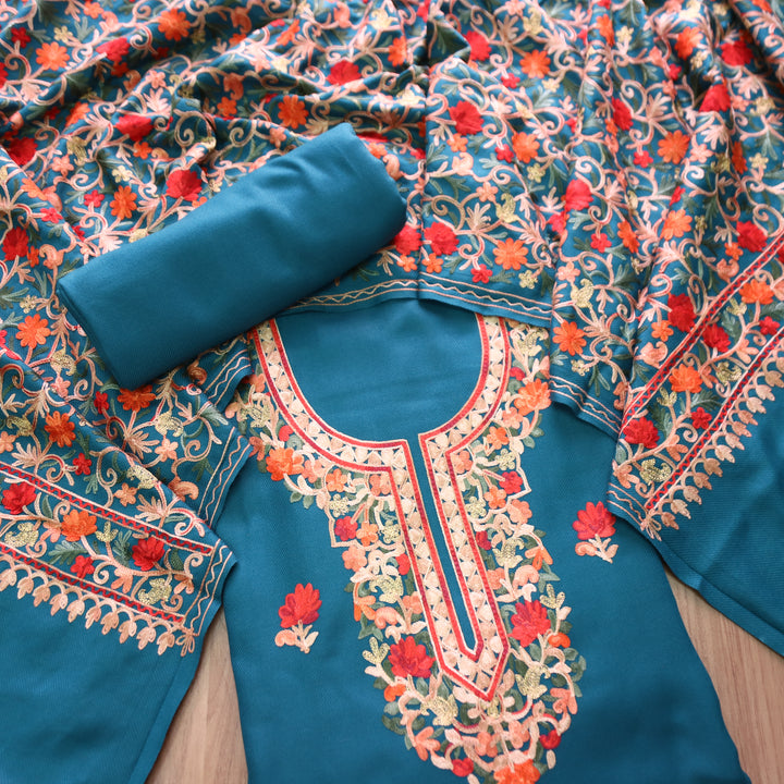 रोशनी Cerulean Teal Woven with Kashida Embroidery Semi Pashmina Winter Set