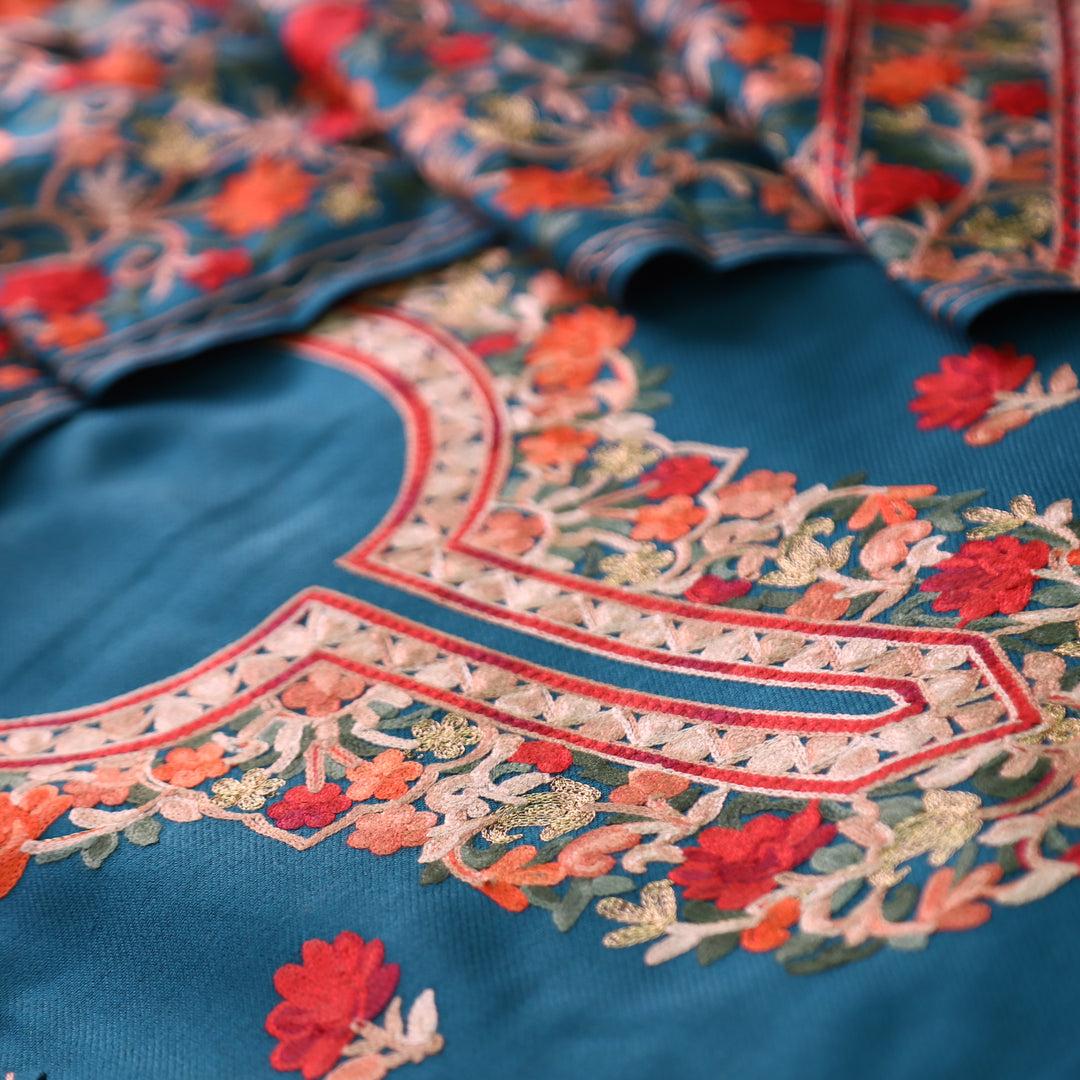रोशनी Cerulean Teal Woven with Kashida Embroidery Semi Pashmina Winter Set