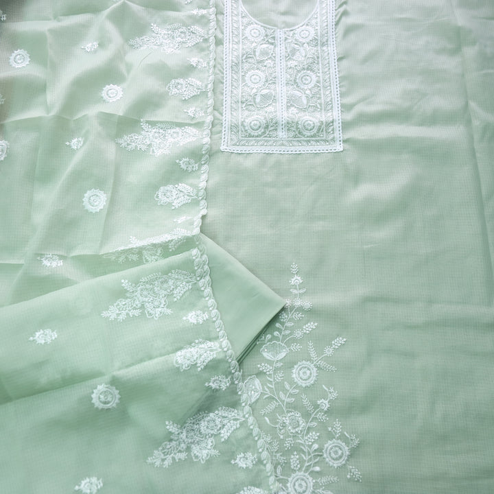 Iftaari Mint Green Floral Thread Embroidered Kota Doriya suit Set