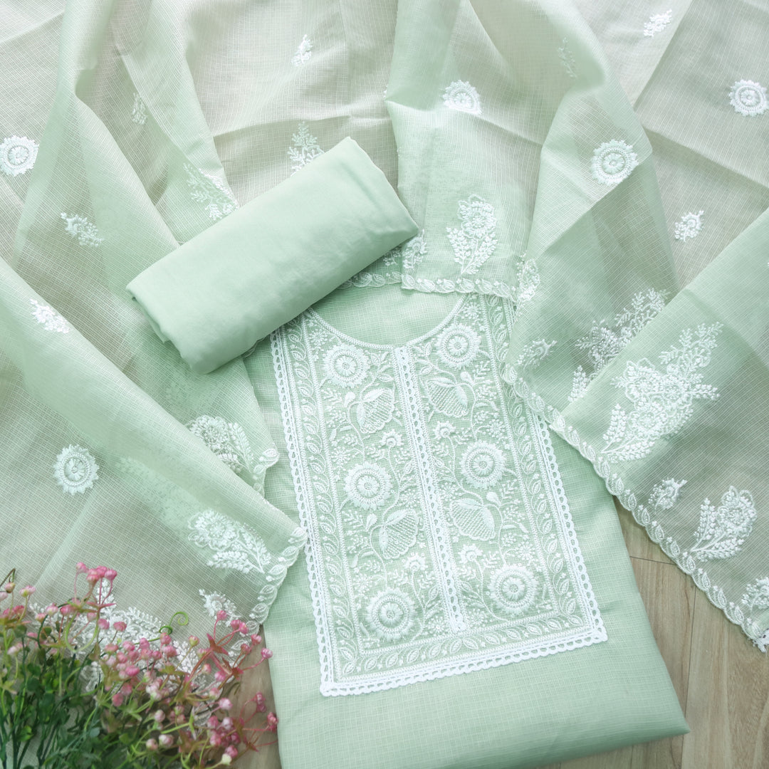 Iftaari Mint Green Floral Thread Embroidered Kota Doriya suit Set
