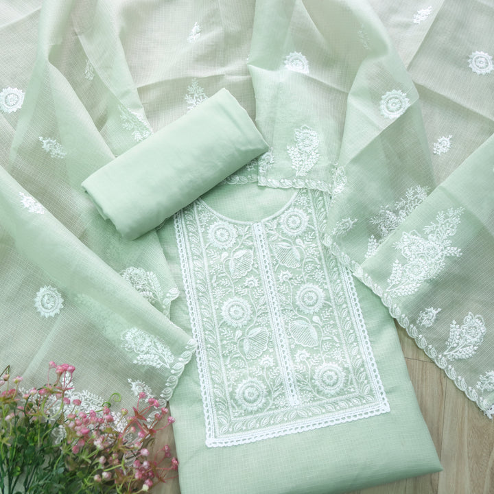 Iftaari Mint Green Floral Thread Embroidered Kota Doriya suit Set