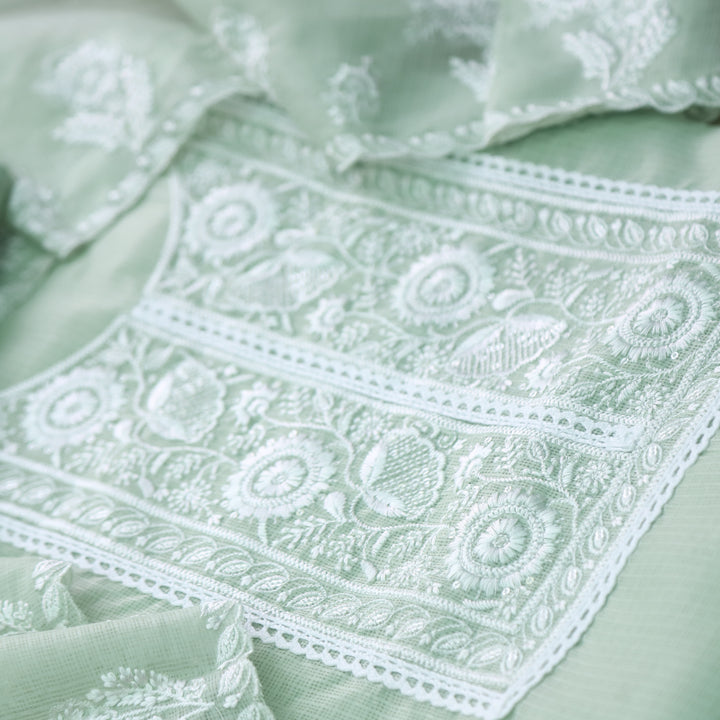 Iftaari Mint Green Floral Thread Embroidered Kota Doriya suit Set