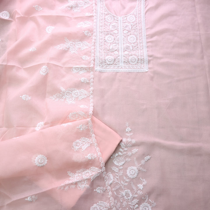 Iftaari Baby Peach Floral Thread Embroidered Kota Doriya suit Set