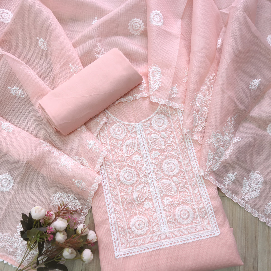 Iftaari Baby Peach Floral Thread Embroidered Kota Doriya suit Set