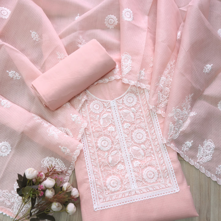 Iftaari Baby Peach Floral Thread Embroidered Kota Doriya suit Set