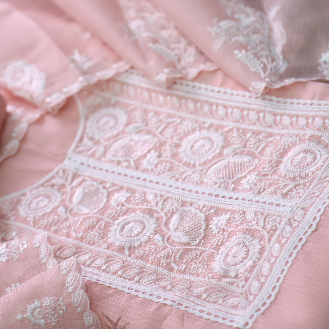 Iftaari Baby Peach Floral Thread Embroidered Kota Doriya suit Set