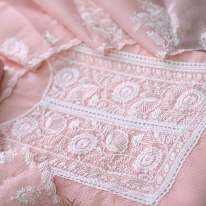 Iftaari Baby Peach Floral Thread Embroidered Kota Doriya suit Set