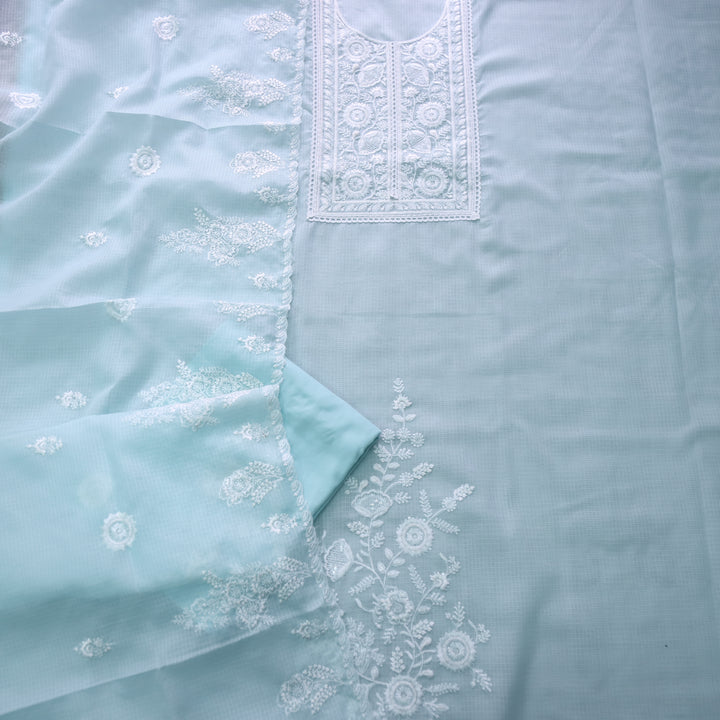 Iftaari Sky Blue Floral Thread Embroidered Kota Doriya suit Set