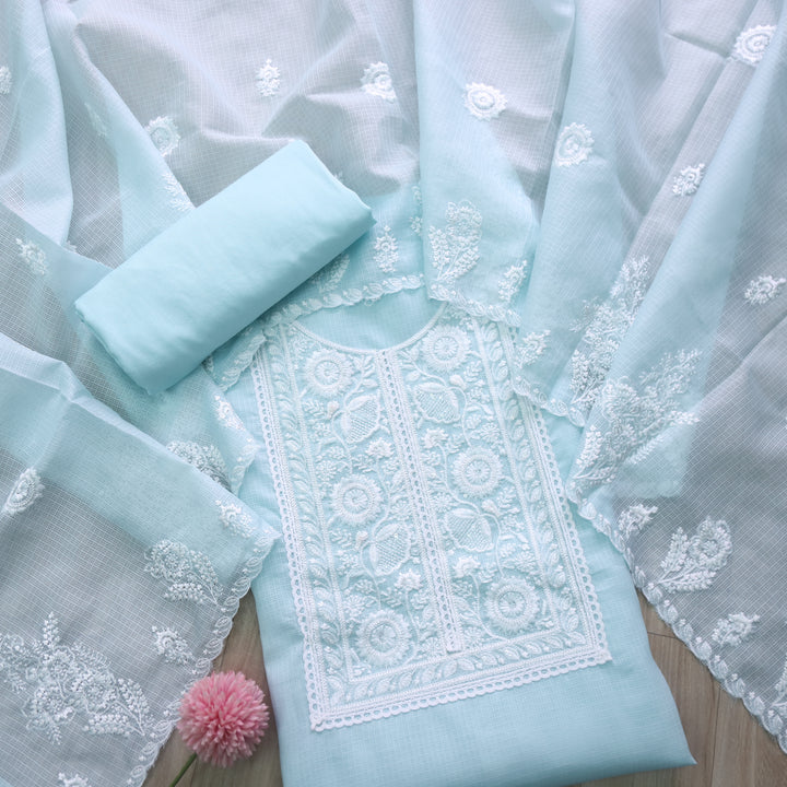 Iftaari Sky Blue Floral Thread Embroidered Kota Doriya suit Set