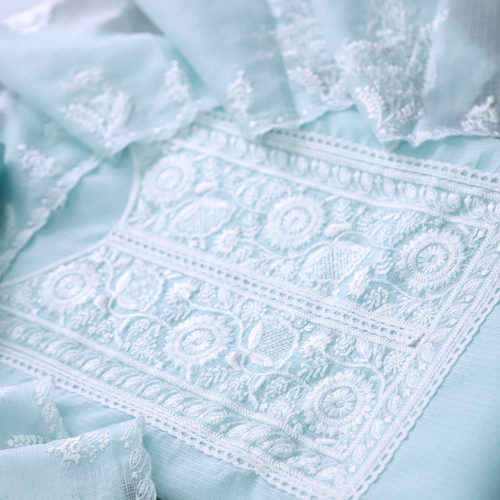 Iftaari Sky Blue Floral Thread Embroidered Kota Doriya suit Set