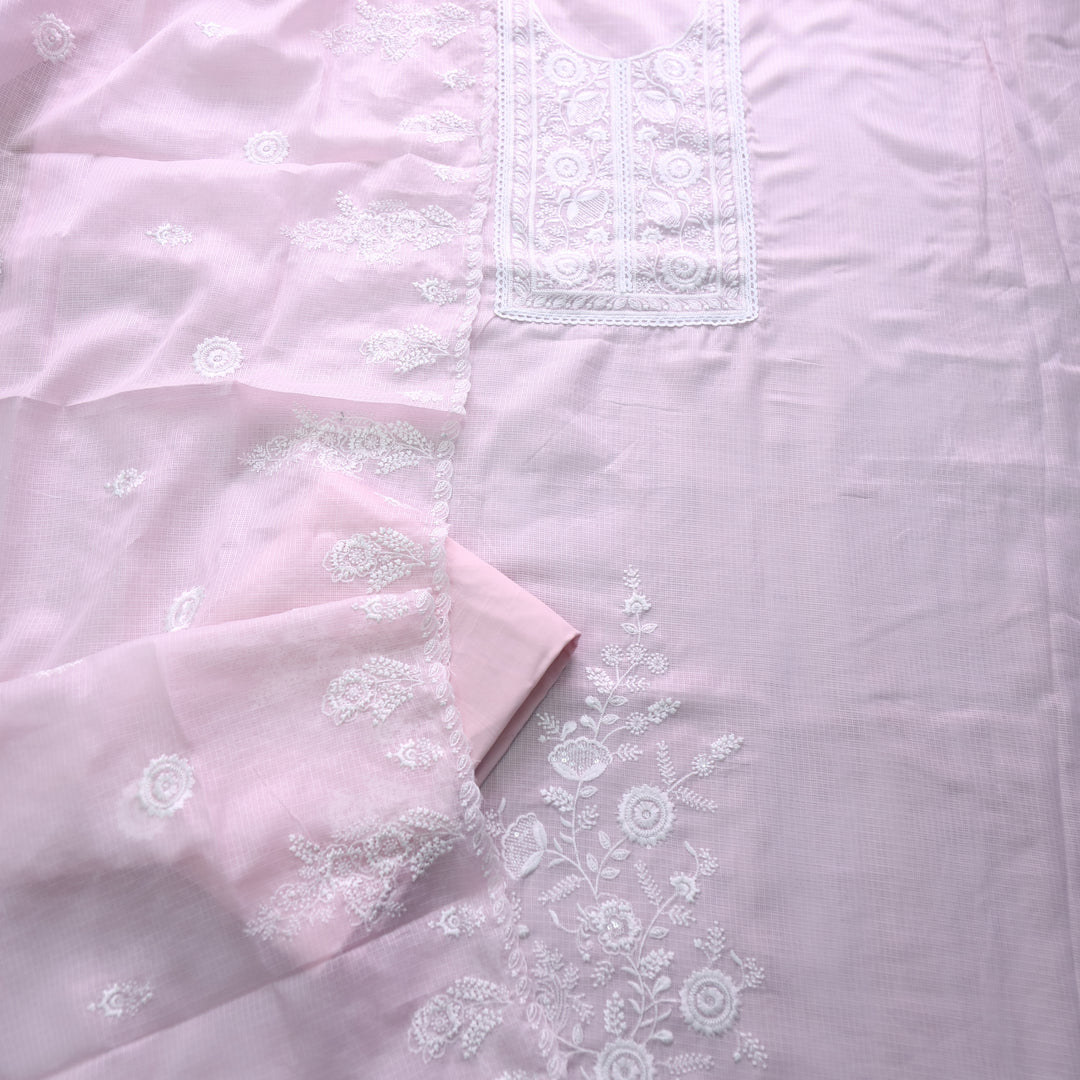 Iftaari Soft Pink Floral Thread Embroidered Kota Doriya suit Set