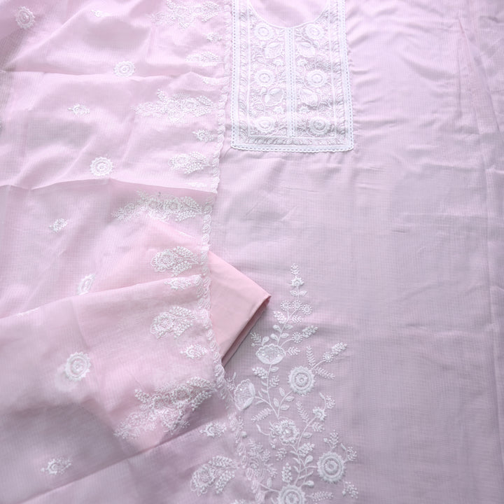 Iftaari Soft Pink Floral Thread Embroidered Kota Doriya suit Set