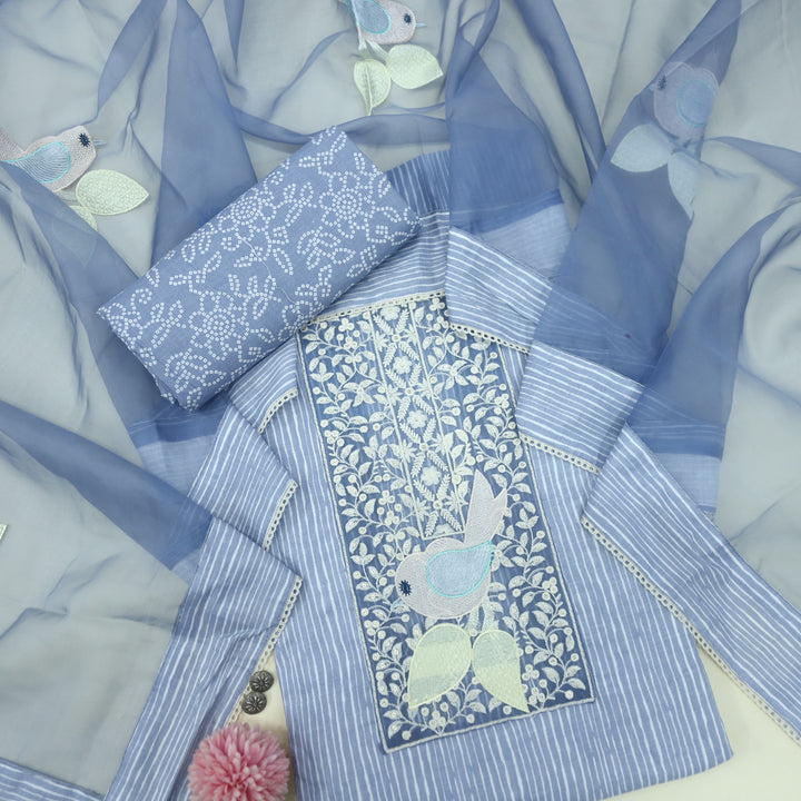 Paaksh Cobalt Blue Stripe with Bird Patch Cotton Suit Set