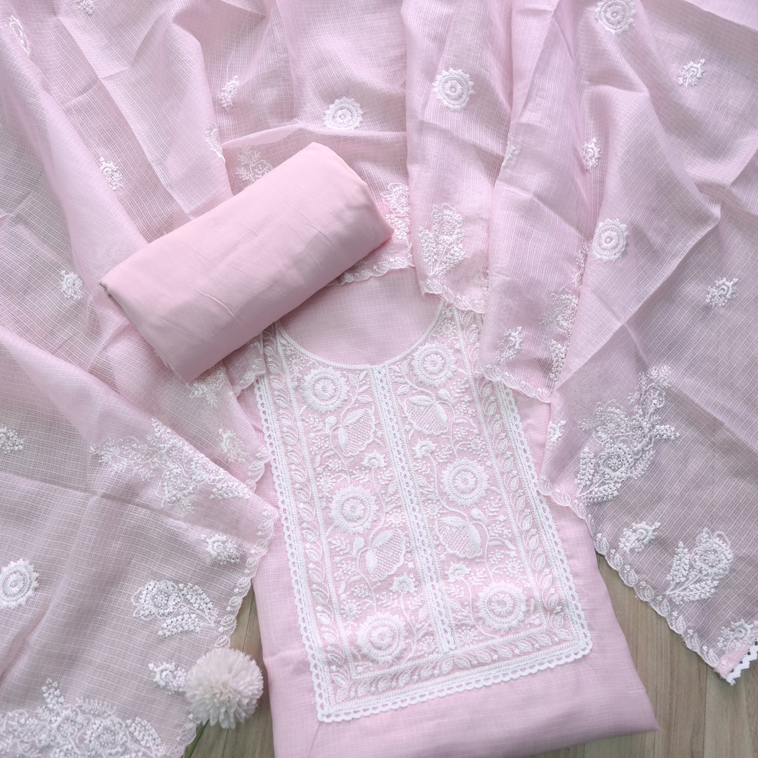 Iftaari Soft Pink Floral Thread Embroidered Kota Doriya suit Set