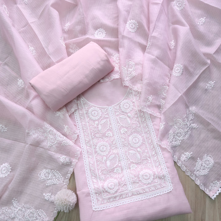 Iftaari Soft Pink Floral Thread Embroidered Kota Doriya suit Set