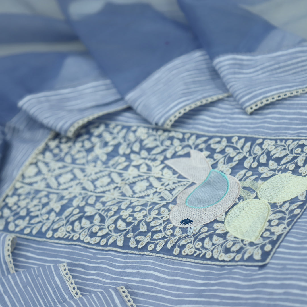 Paaksh Cobalt Blue Stripe with Bird Patch Cotton Suit Set