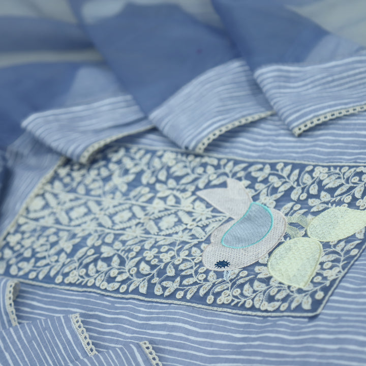 Paaksh Cobalt Blue Stripe with Bird Patch Cotton Suit Set