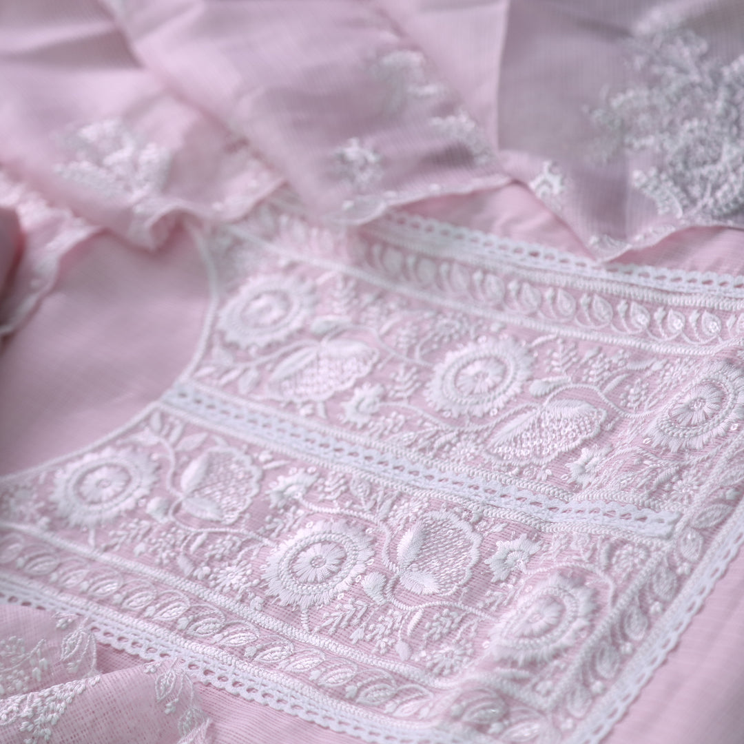 Iftaari Soft Pink Floral Thread Embroidered Kota Doriya suit Set